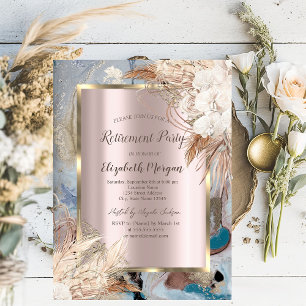 Boho Flower Gold Frame,Rose Gold,Marble Retirement Invitation
