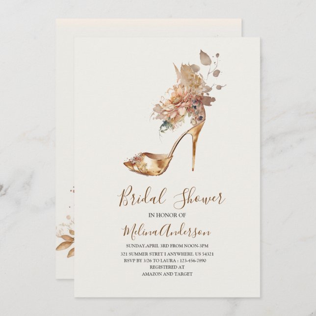 Boho Flower Golden Heel watercolor bridal shower Invitation (Front/Back)