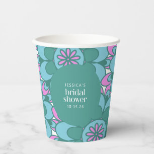 Boho Flower Groovy Green Bridal Shower Custom Paper Cups