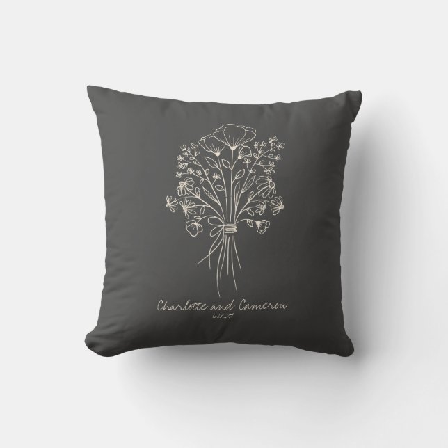 Boho Flower Line Art Drawing Personalised Names  Cushion (Front)