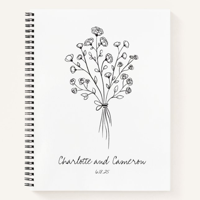 Boho Flower Line Art Drawing Personalised Wedding  Notebook (Front)