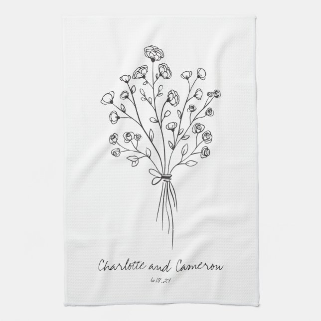 Boho Flower Line Art Drawing Personalised Wedding  Tea Towel (Vertical)