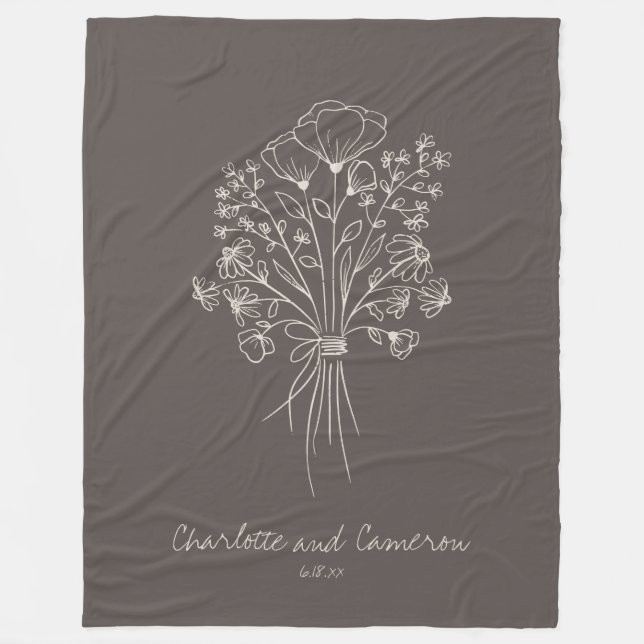 Boho Flower Line Art Drawing Personalized Brown Fleece Blanket (Front)
