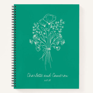 Boho Flower Line Art Personalised Wedding Emerald Notebook