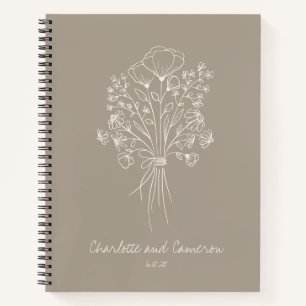 Boho Flower Line Art Personalised Wedding Taupe  Notebook