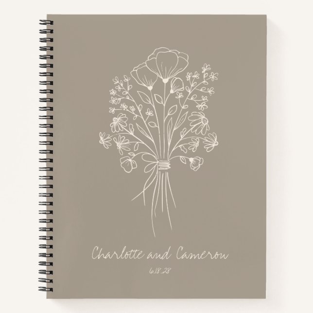 Boho Flower Line Art Personalised Wedding Taupe  Notebook (Front)