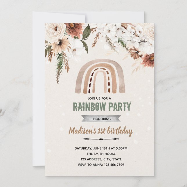 Boho flower rainbow shower invitation (Front)