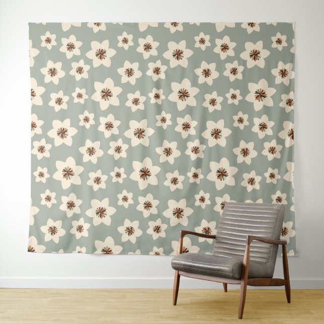 Boho flower - sage green background tapestry (In Situ (Horizontal))