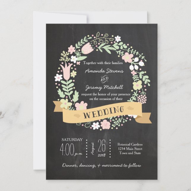 Boho Flower Wreath Rustic Chalkboard Wedding Invitation (Front)