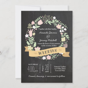 Boho Flower Wreath Rustic Chalkboard Wedding Invitation