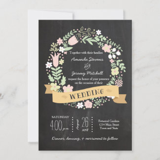 Boho Flower Wreath Rustic Chalkboard Wedding Invitation
