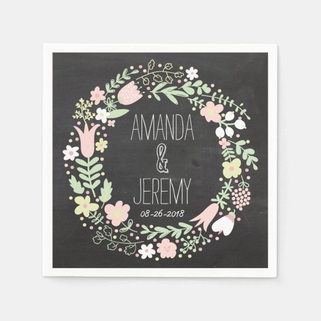 Boho Flower Wreath Rustic Chalkboard Wedding Napkin (Front)