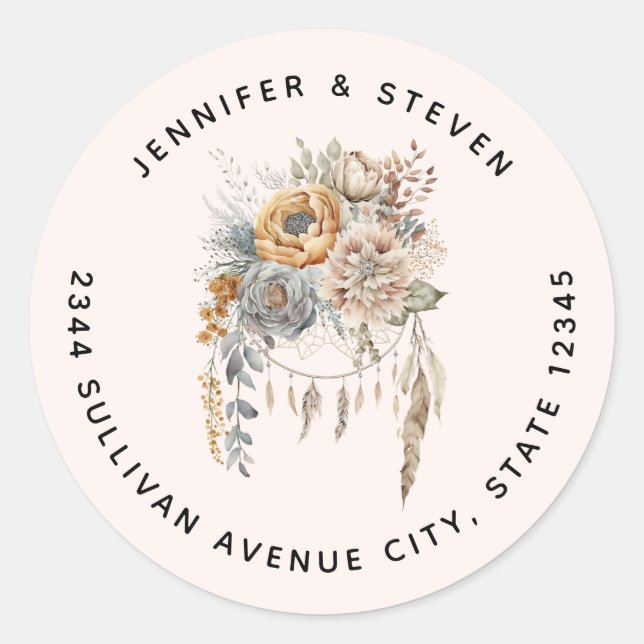 Boho Flowers and Dreamcatcher - Address Classic Round Sticker (Front)