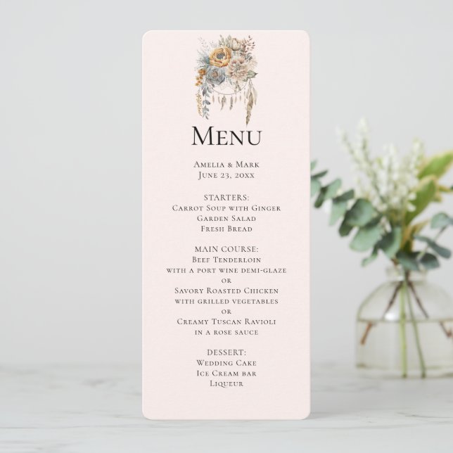 Boho Flowers and Dreamcatcher - Wedding Menu Invitation (Standing Front)