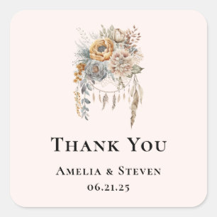 Boho Flowers and Dreamcatcher - Wedding Thank You Square Sticker