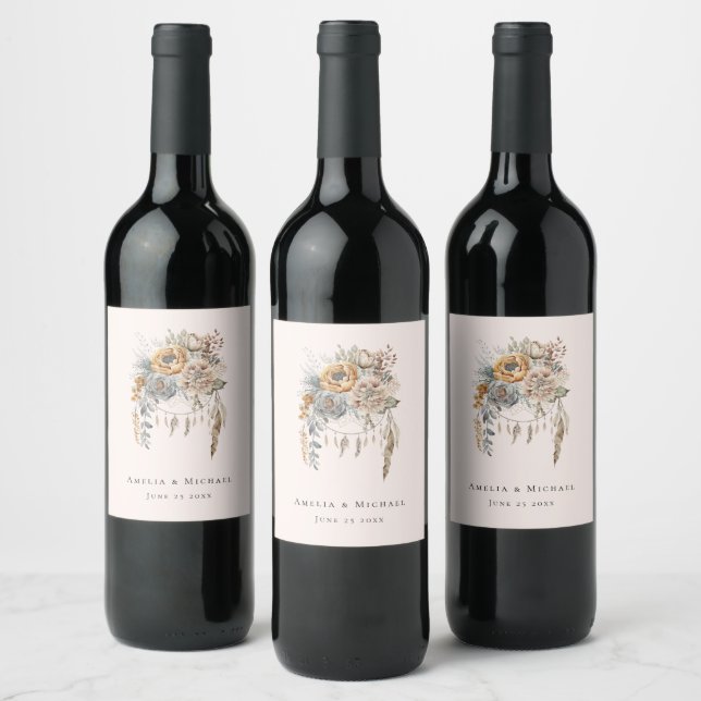 Boho Flowers and Dreamcatcher - Wedding Wine Label (Bottles)