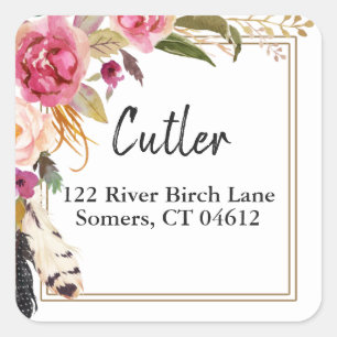 Boho Flowers and Feathers Rustic Address Label