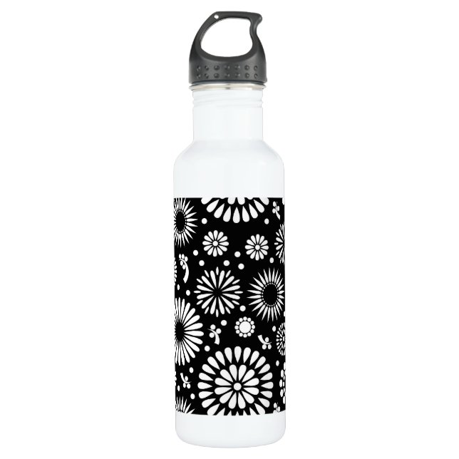Boho flowers Black and White vector floral pattern 710 Ml Water Bottle (Front)