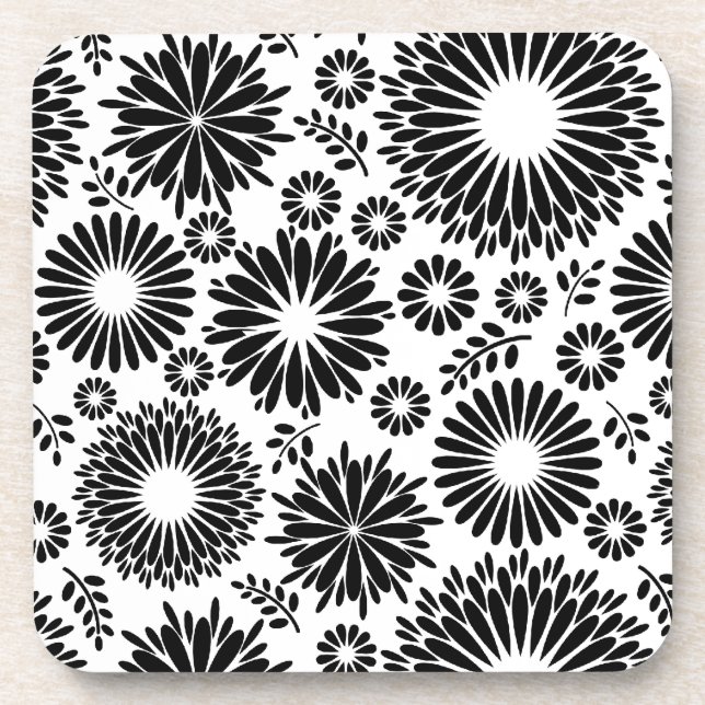 Boho flowers Black and White vector floral pattern Coaster (Front)