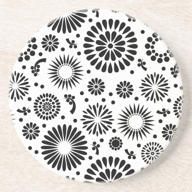 Boho flowers Black and White vector floral pattern Coaster (Front)