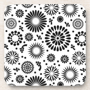 Boho flowers Black and White vector floral pattern Coaster