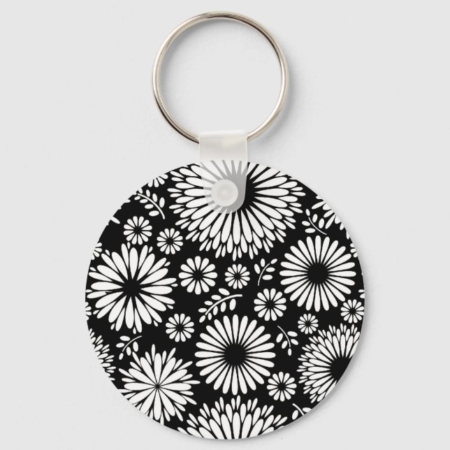 Boho flowers Black and White vector floral pattern Key Ring (Front)