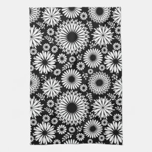 Boho flowers Black and White vector floral pattern Tea Towel