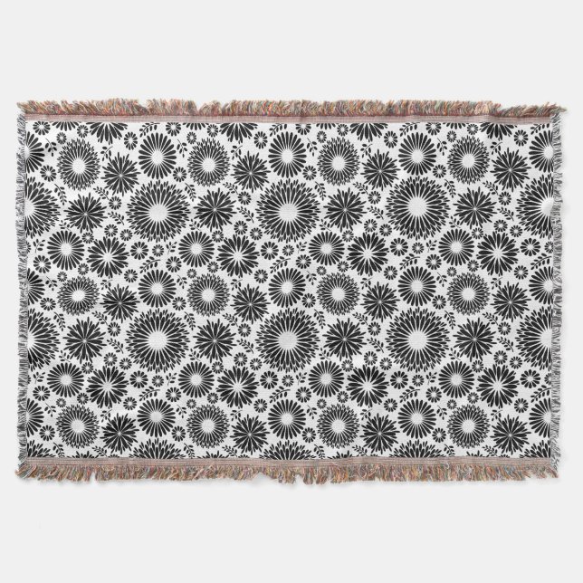 Boho flowers Black and White vector floral pattern Throw Blanket (Front)