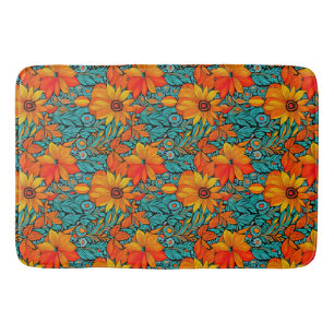 Boho Flowers Blue and Orange  Bath Mat