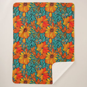 Boho Flowers Blue and Orange Sherpa Blanket