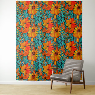 Boho Flowers Blue and Orange Tapestry