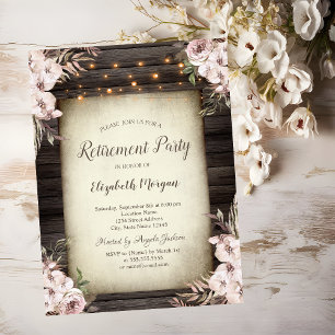 Boho Flowers Brown Wood Retirement Invitation