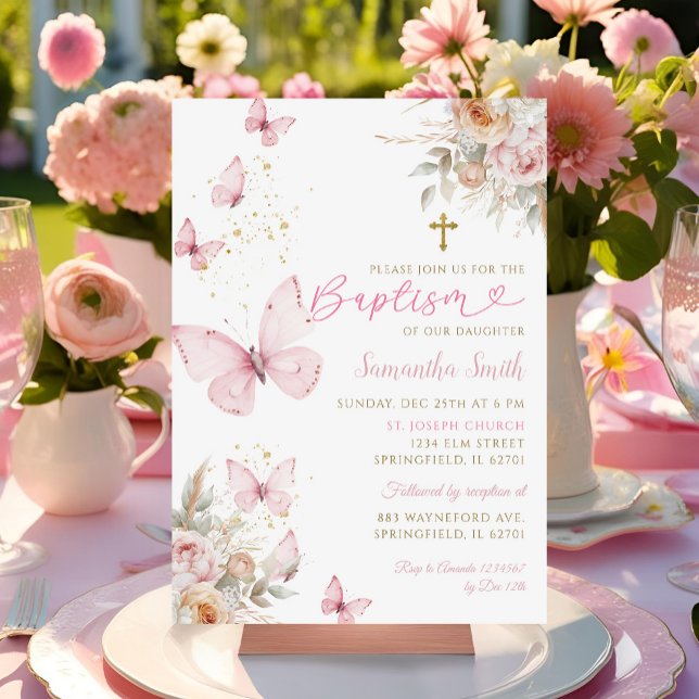 Boho Flowers Butterflies Minimalist Baptism Girl Invitation (Creator Uploaded)