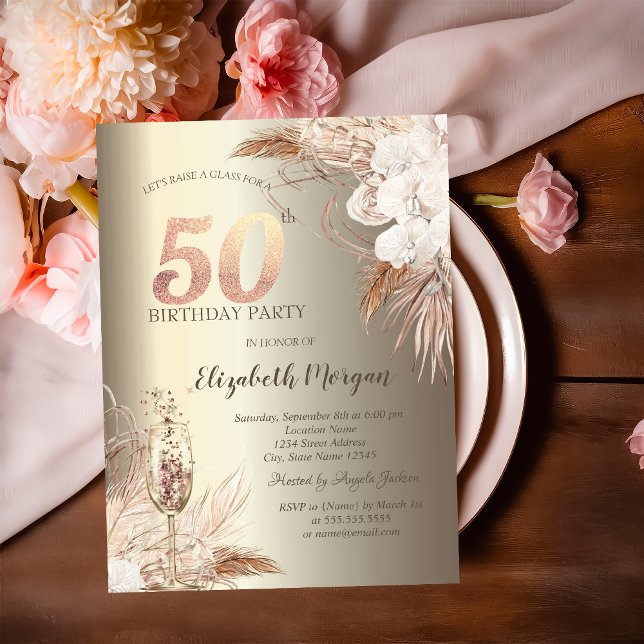 Boho Flowers,Champagne Glass Gold 50th Invitation (Creator Uploaded)