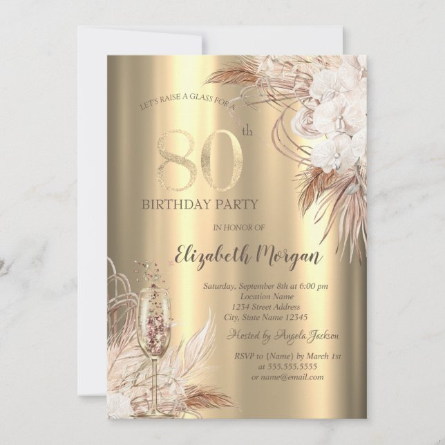 Boho Flowers,Champagne Glass Gold 80th Birthday Invitation (Front)