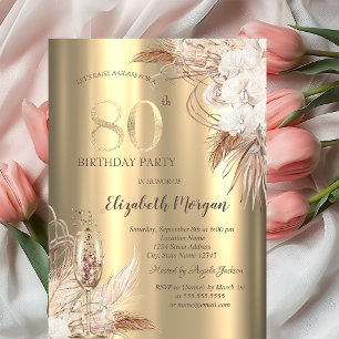 Boho Flowers,Champagne Glass Gold 80th Birthday Invitation