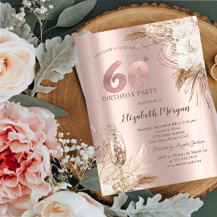 Boho Flowers,Champagne Glass,Rose Gold 60th Invitation