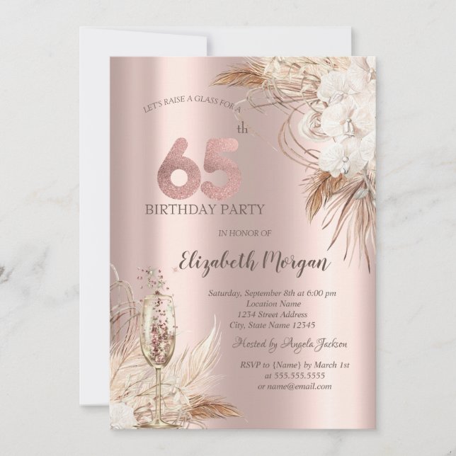 Boho Flowers,Champagne Glass,Rose Gold 65th Invitation (Front)