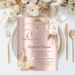 Boho Flowers,Champagne Glass,Rose Gold 70th Invitation
