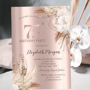 Boho Flowers,Champagne Glass,Rose Gold 75th Invitation