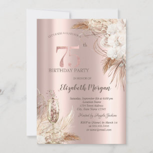 Boho Flowers,Champagne Glass,Rose Gold 75th Invitation