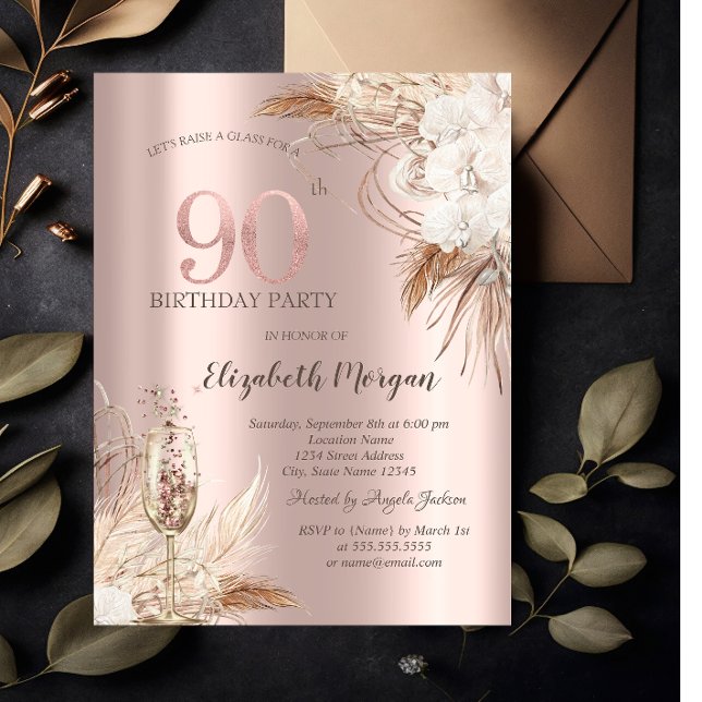Boho Flowers,Champagne Glass,Rose Gold 90th Invitation (Creator Uploaded)