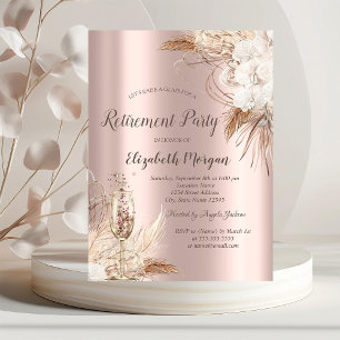 Boho Flowers,Champagne Glass,Rose Gold Retirement Invitation