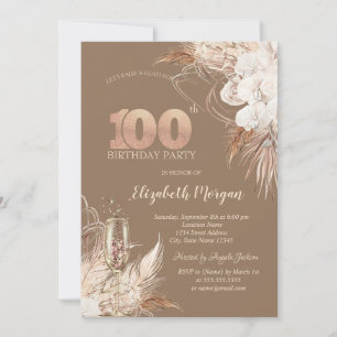 Boho Flowers,Champagne Glass,Terracotta 100th Invitation