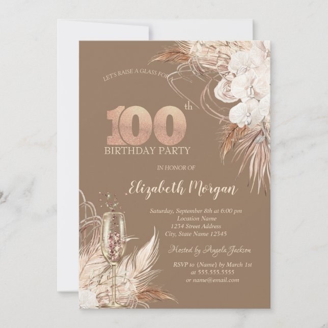 Boho Flowers,Champagne Glass,Terracotta 100th Invitation (Front)