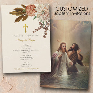 Boho Flowers Christening Christian Cross Baptism Invitation