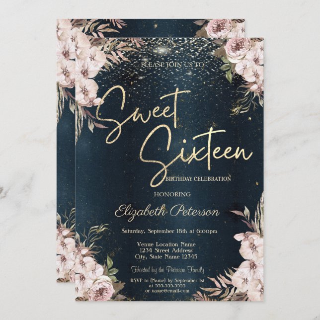 Boho Flowers Confetti Dark Blue Sweet 16 Invitation (Front/Back)