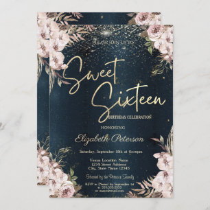 Boho Flowers Confetti Dark Blue Sweet 16 Invitation