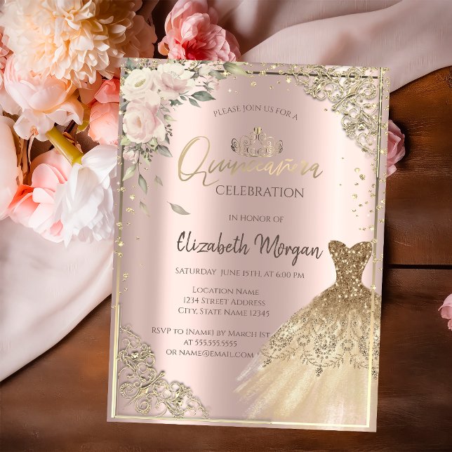 Boho Flowers,Diamonds Dress Rose Gold Quinceañera Invitation (Creator Uploaded)