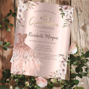 Boho Flowers Dress Rose Gold Quinceanera Invitation